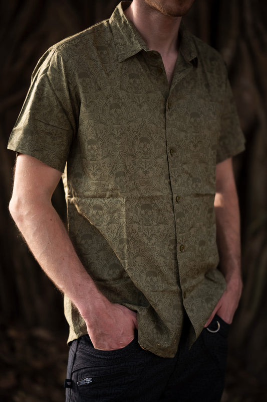 CANCUN SKULL - Metalhead Rocker Button-up Khaki Viscose Shirt for Men