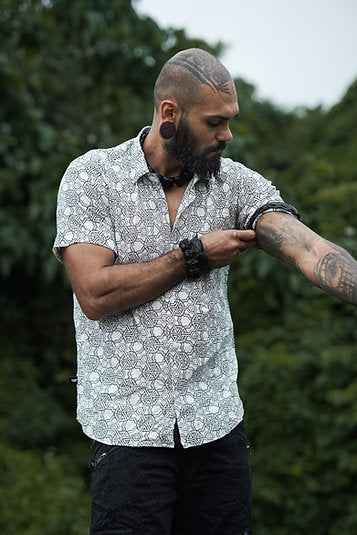 Pythagoras - Men's Viscose Button-Up White Shirt with Sacred Geometry Print