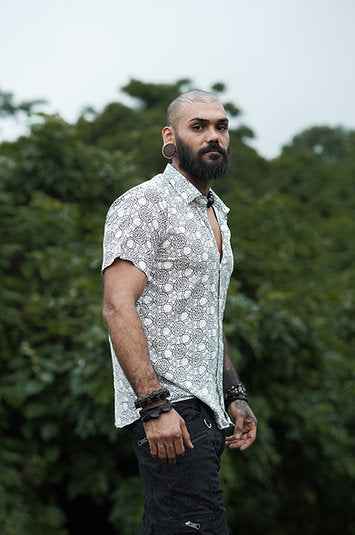 Pythagoras - Men's Viscose Button-Up White Shirt with Sacred Geometry Print