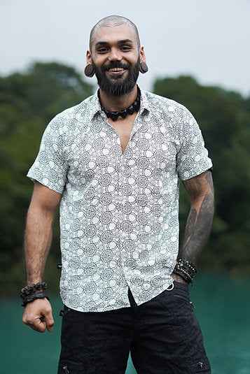 Pythagoras - Men's Viscose Button-Up White Shirt with Sacred Geometry Print
