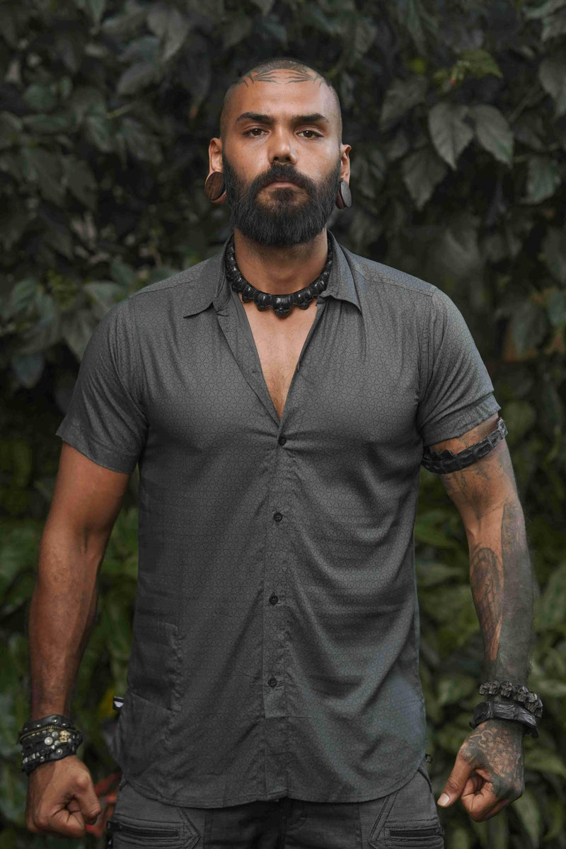 Flower of Life - Screen-print Grey Shirt | Men's Viscose Partywear Shirt