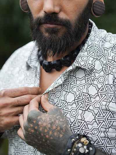 Pythagoras - Men's Viscose Button-Up White Shirt with Sacred Geometry Print