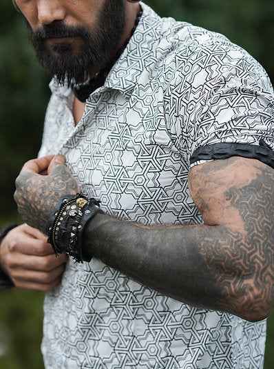 Pythagoras - Men's Viscose Button-Up White Shirt with Sacred Geometry Print