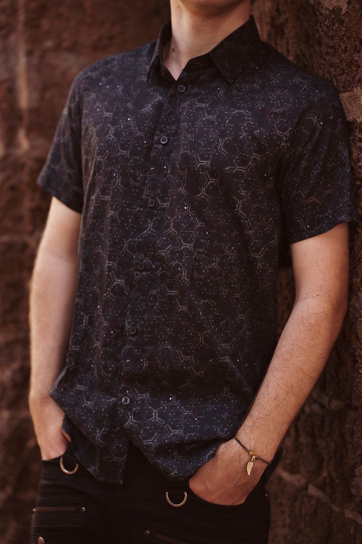 HEXAGON DWELL - Men's Cotton Short Sleeve Shirt | Rave Party Shirts for Men