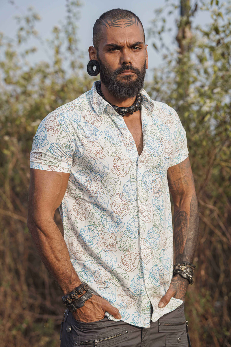 SKULL FIST - White Screenprint Shirt | Men's Viscose Skull Gothic Shirt