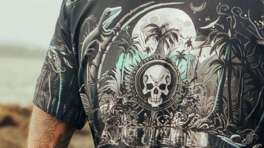 psychedelic bamboo shirt with skull artwork inspired by festival fashion