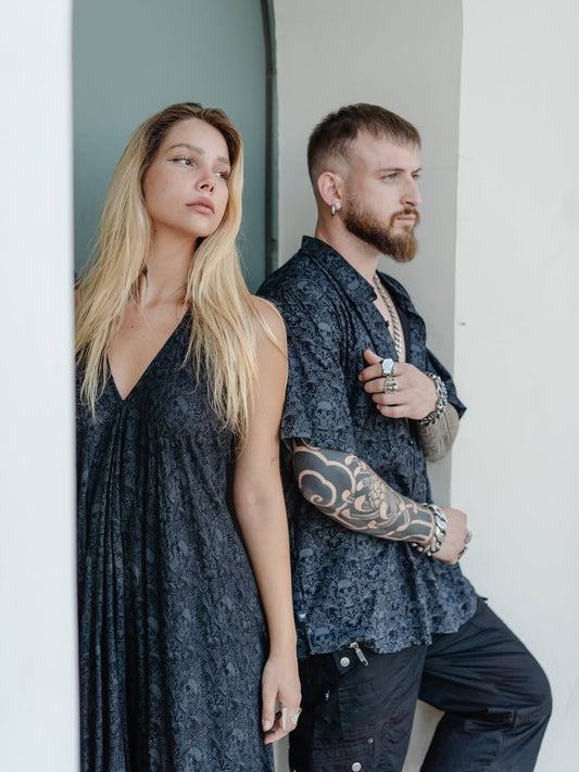 mens psychedelic clothing black outfit with subtle geometric print