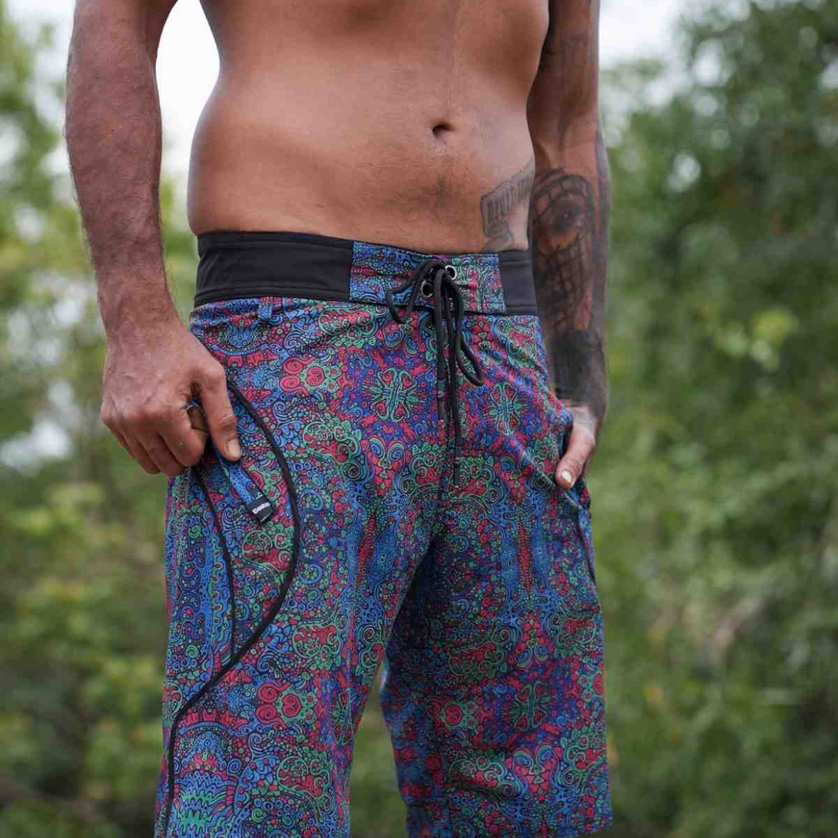 Forest Myth - Floral Printed Swim Shorts for Men – Psychedelic Art Board Shorts