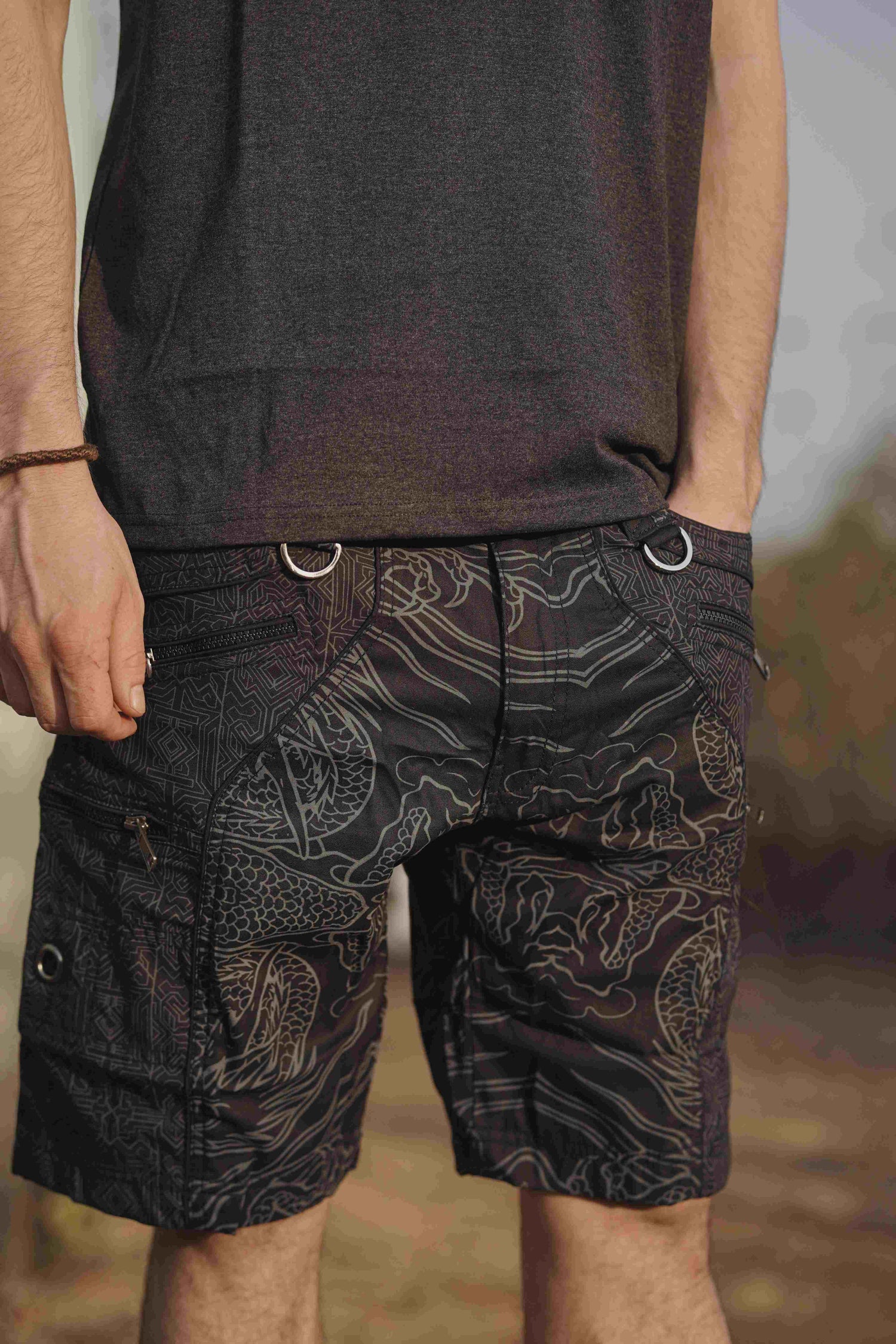 Dragon Codex - NY Black Men's Utility Cargo Shorts | Dragon Print Up Knee Shorts