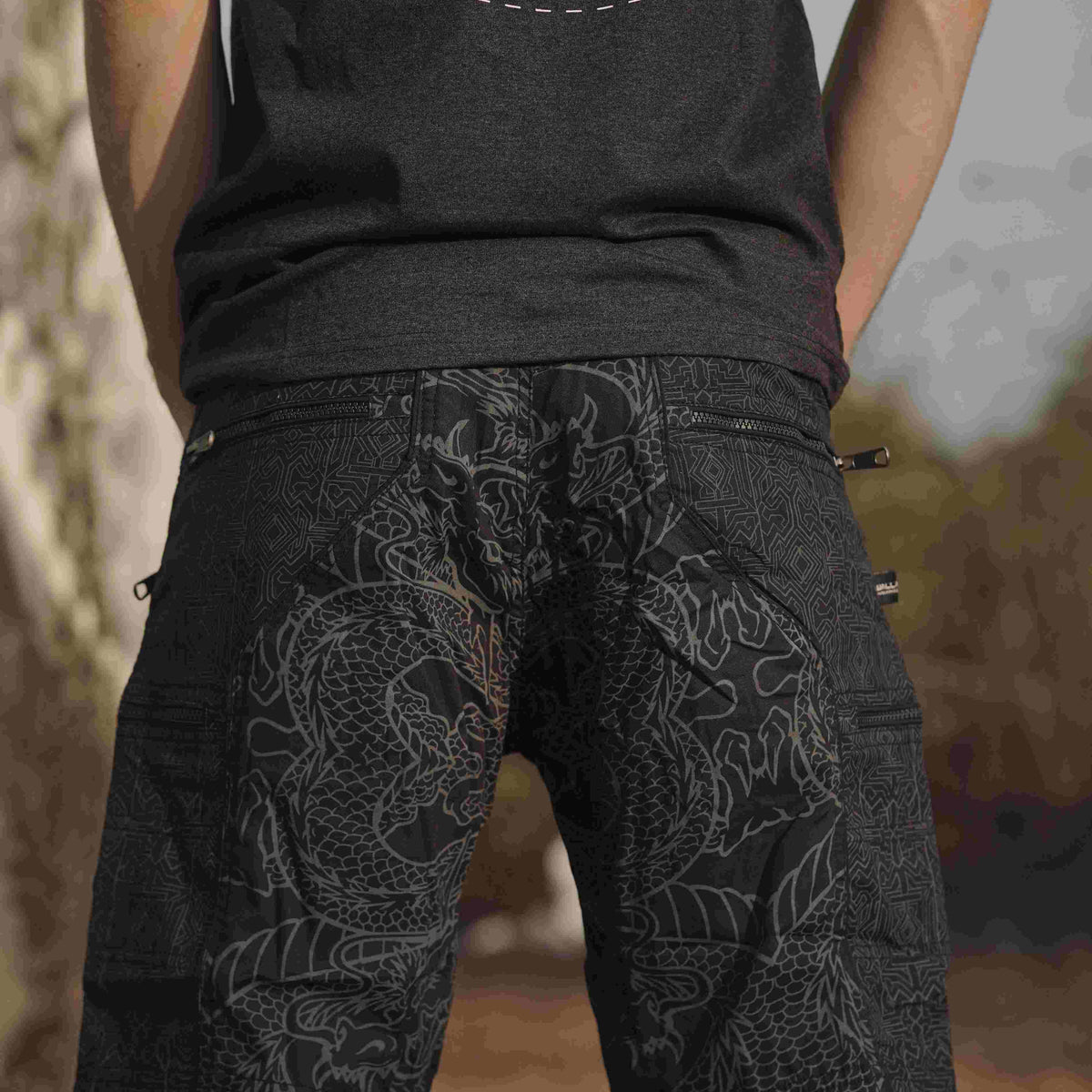 Dragon Codex - NY Black Men's Utility Cargo Shorts | Dragon Print Up Knee Shorts