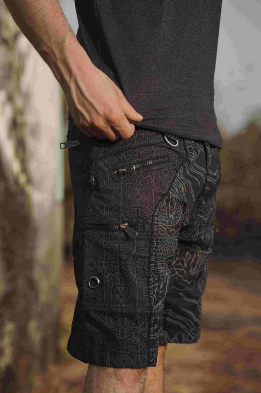 Dragon Codex - NY Black Men's Utility Cargo Shorts | Dragon Print Up Knee Shorts