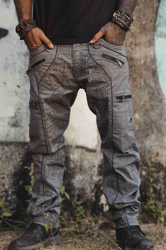 Dragon Codex - Off grey NY Men's Utility Cargo Pants | Abstract Print Pants