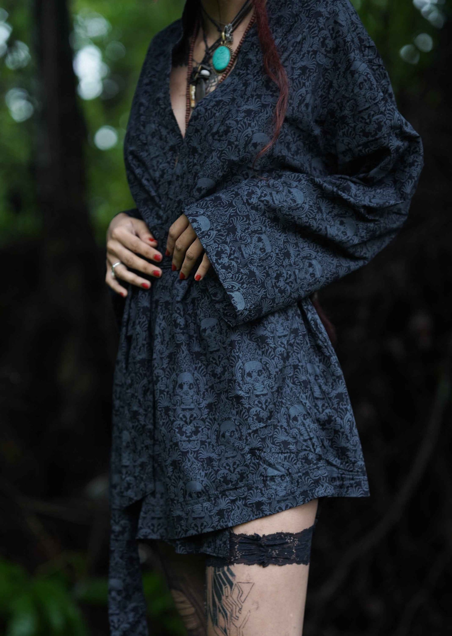 CANCUN SKULL | Women's Viscose Printed BurningMan Kimono Floral Skulls Pattern