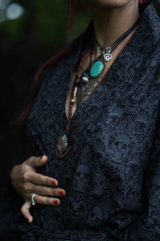 CANCUN SKULL | Women's Viscose Printed BurningMan Kimono Floral Skulls Pattern