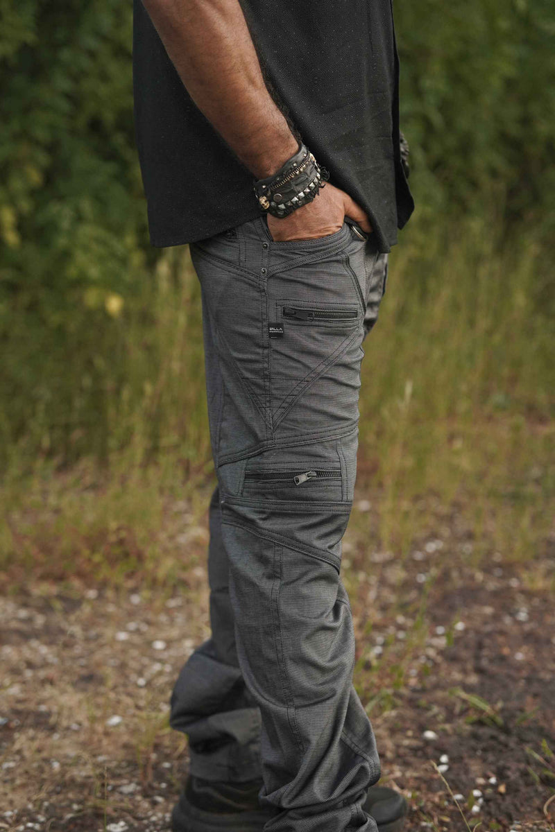 Side view of YKK zipper pockets on Mini Glitch festival pants