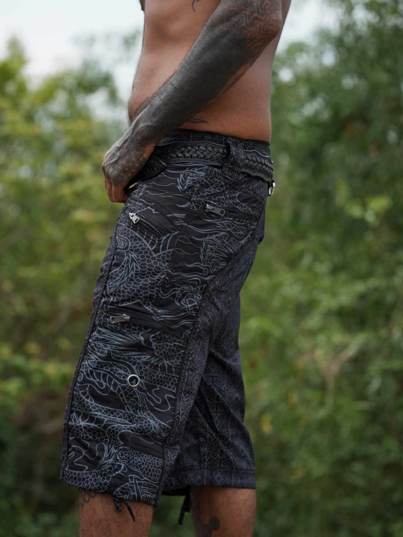 DRAGON CODEX - Black Men Art Wear 3/4 Cargo Shorts