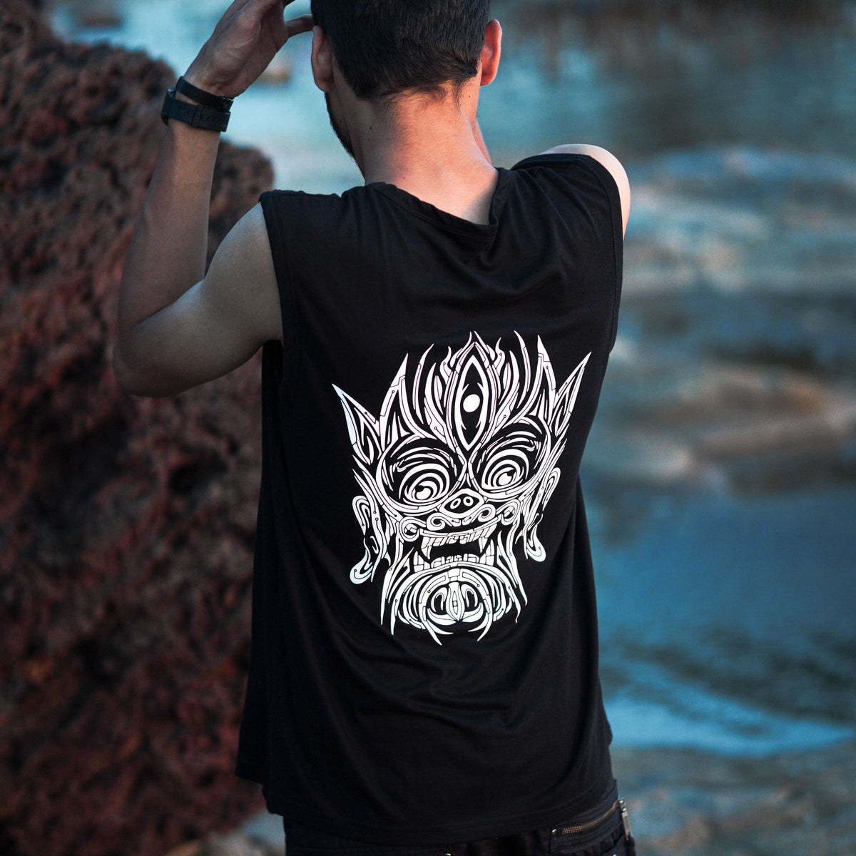 ATMAN-SPHERE | Men's Black Tank Top | Tribal Print Graphic Sleeveless Vest Mens