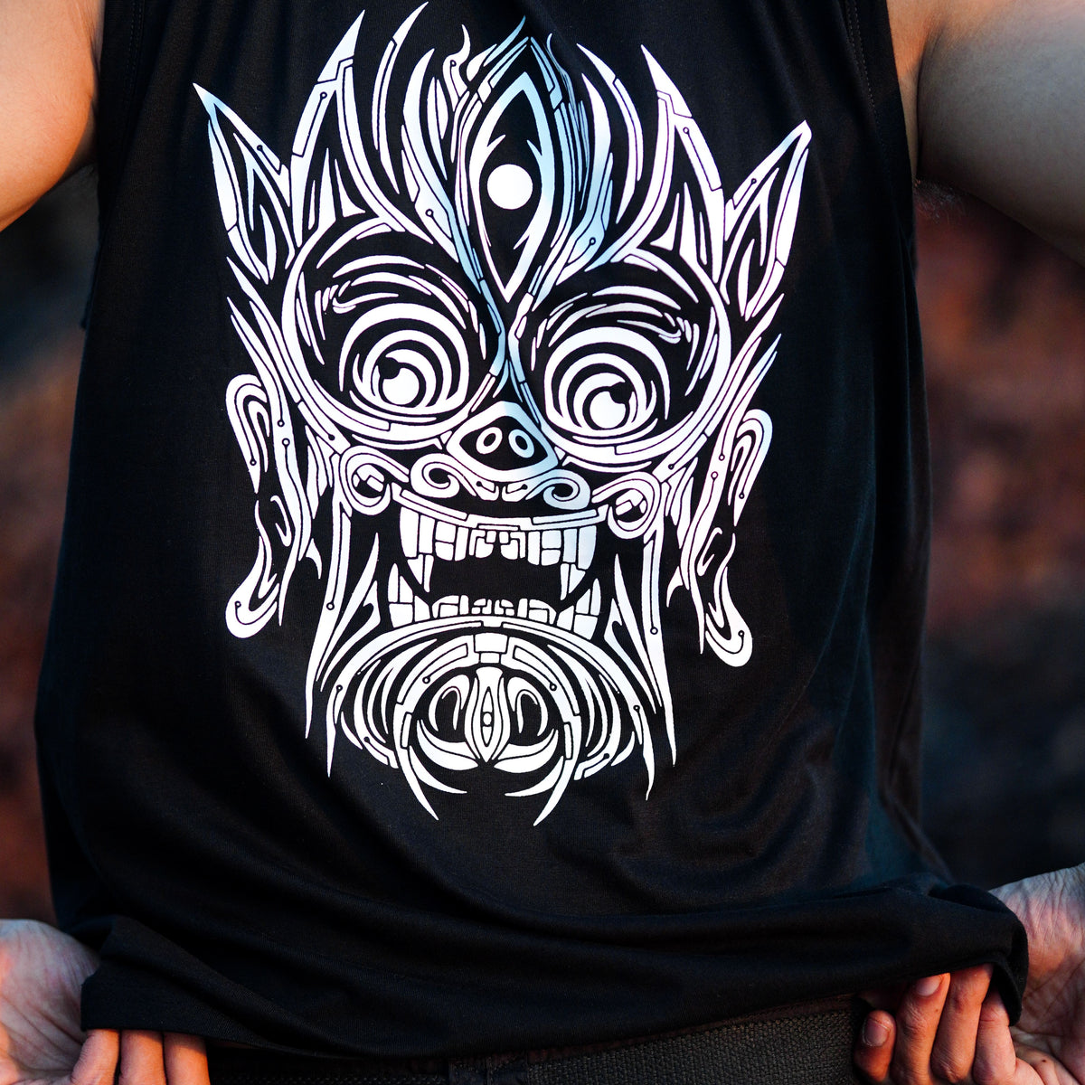 ATMAN-SPHERE | Men's Black Tank Top | Tribal Print Graphic Sleeveless Vest Mens