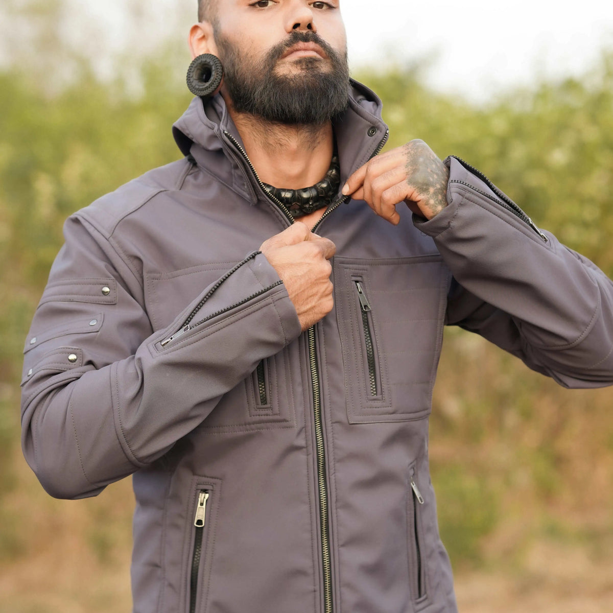 grey tactical festival jacket men front view zipper