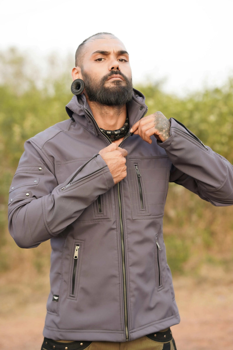 grey tactical festival jacket men front view zipper