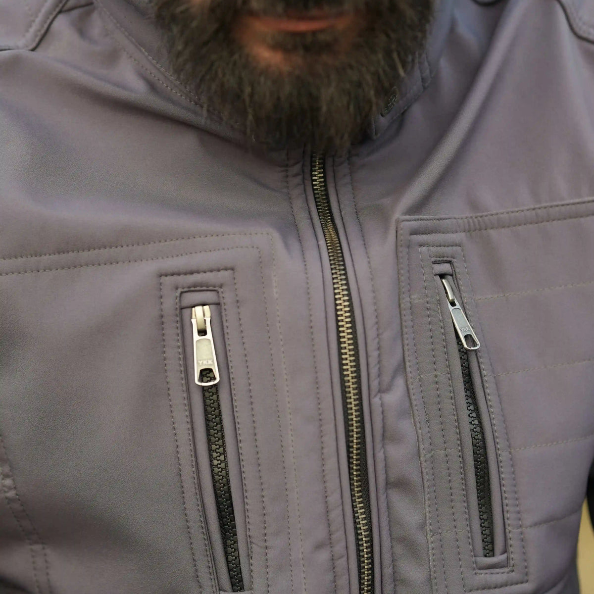 futuristic grey jacket men chest pocket detail