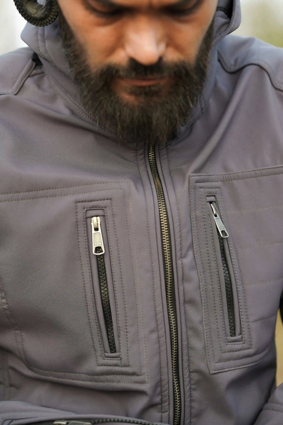 futuristic grey jacket men chest pocket detail