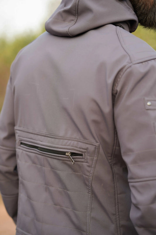 grey windproof hoodie jacket back zipper pocket