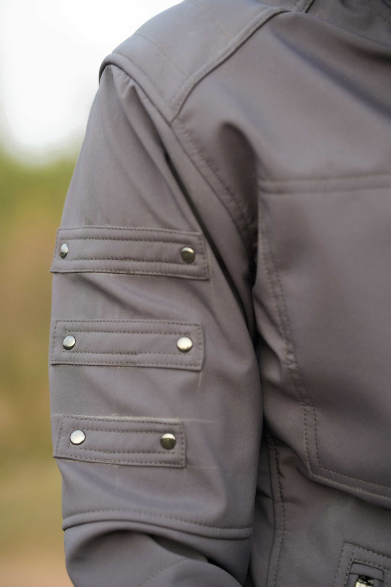 grey cyberpunk jacket arm rivet design