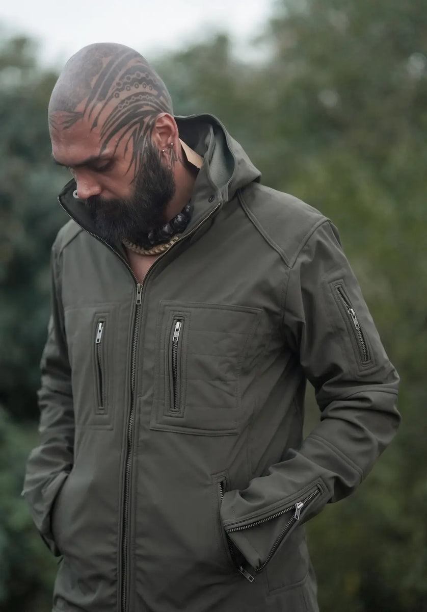 festival windbreaker jacket for men olive green hooded softshell jacket front view