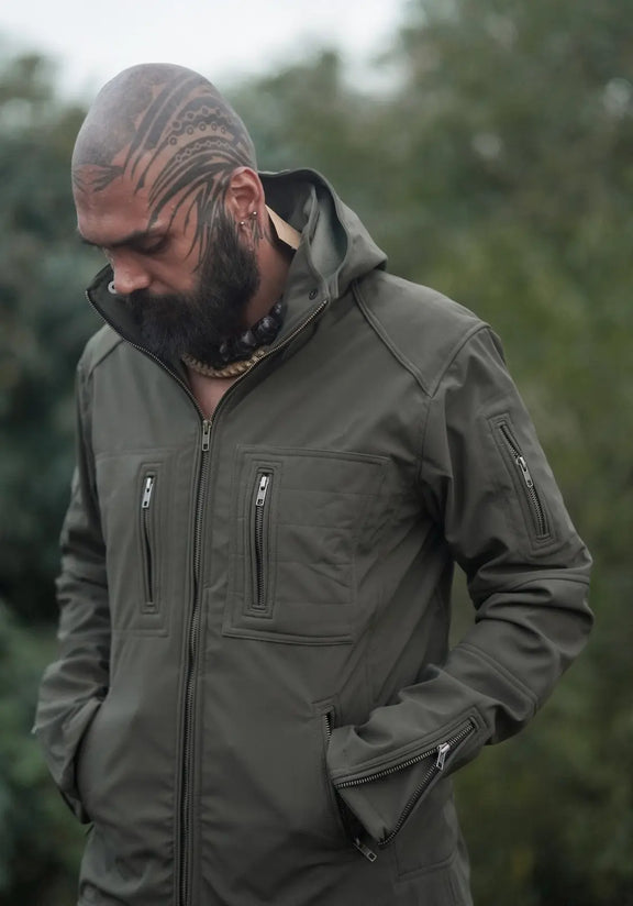 festival windbreaker jacket for men olive green hooded softshell jacket front view