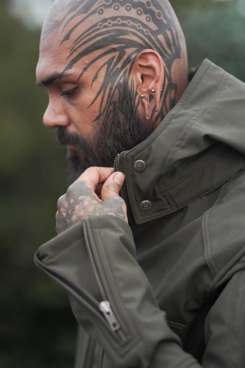  windproof softshell jacket collar detail olive green festival windbreaker jacket