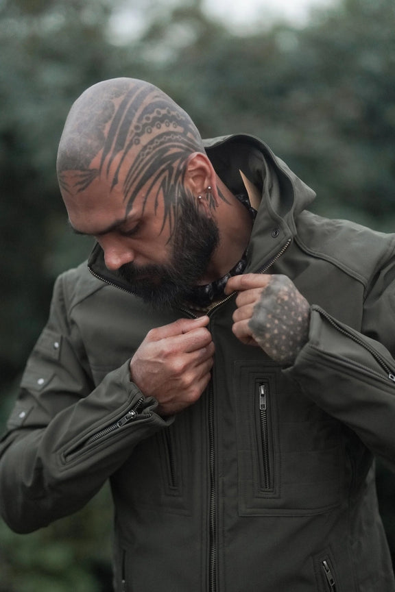 festival windbreaker jacket men olive green softshell jacket zipper detail