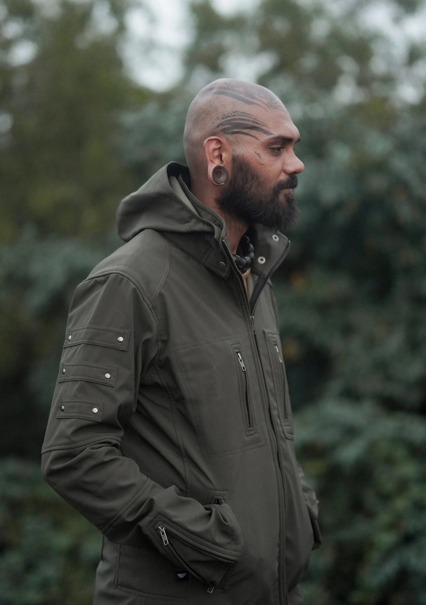 side view olive green hooded windbreaker jacket for men festival streetwear jacket