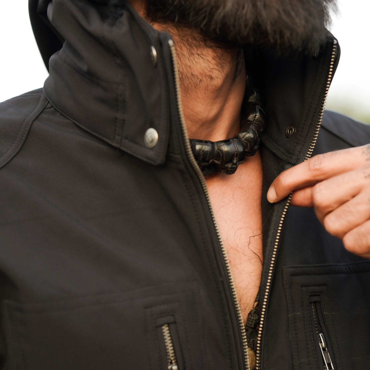 mens waterproof windproof jacket black front zipper view gore tex shell