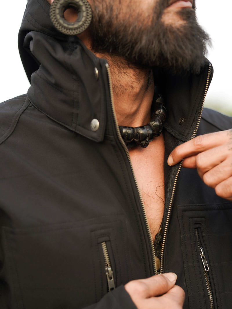 mens waterproof windproof jacket black front zipper view gore tex shell