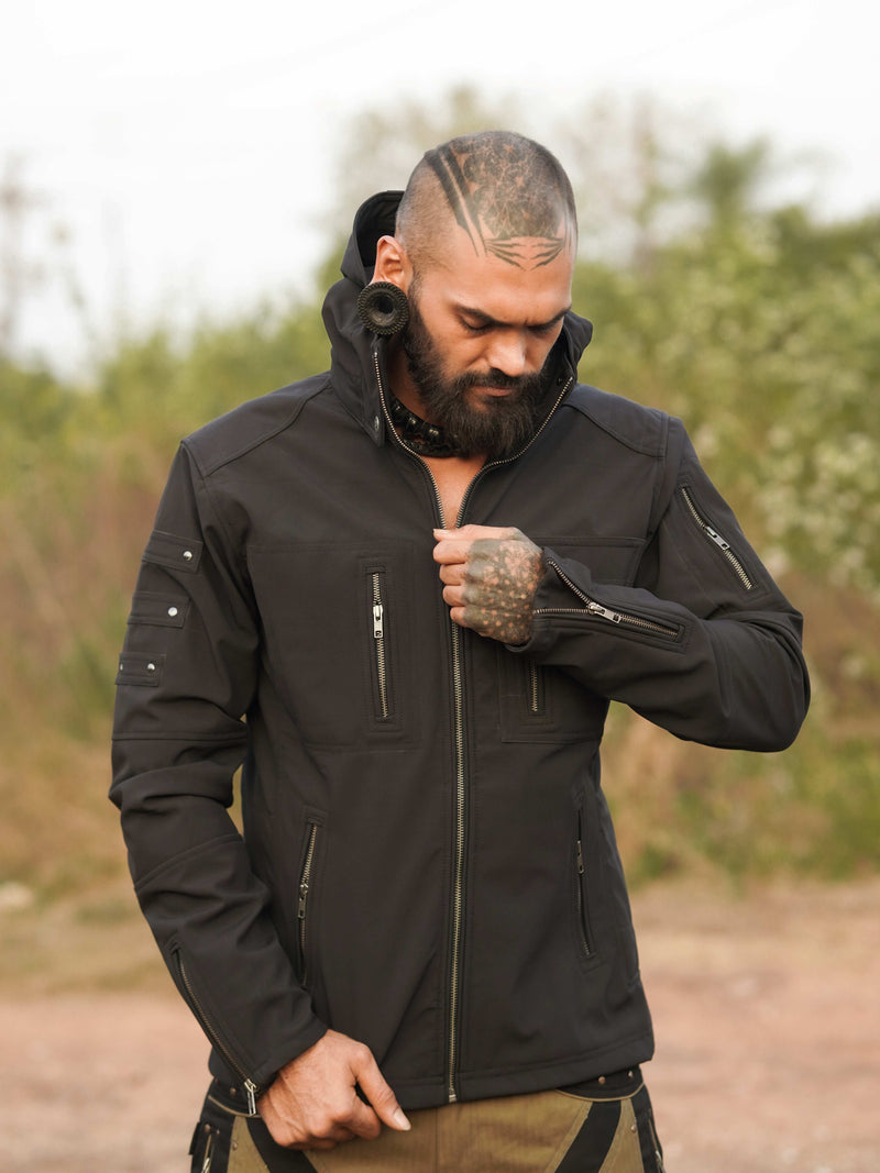 black tactical waterproof jacket men full body outdoor view