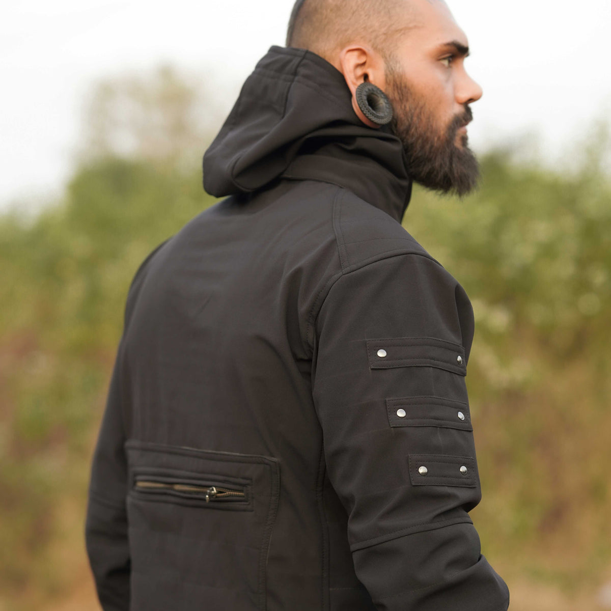 gore tex shell jacket men hood side profile black jacket