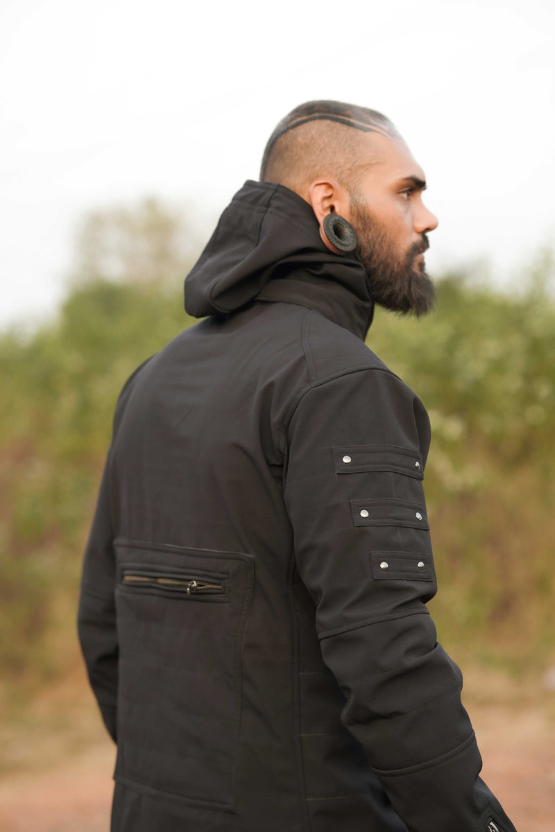 gore tex shell jacket men hood side profile black jacket