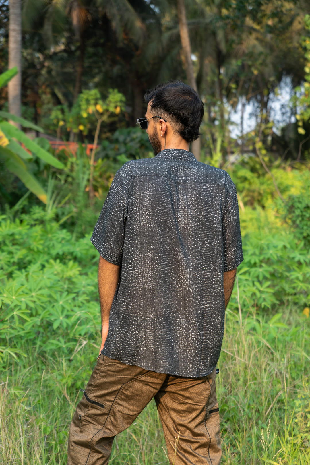 Black Illusions Men's Bamboo Shirt - psychedelic kaleidoscope print – soft, breathable, and eco-friendly festival wear.