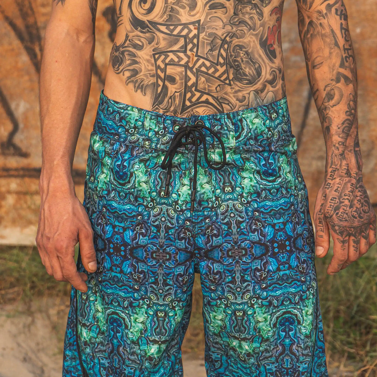 psychedelic printed swim shorts blue illusion front view