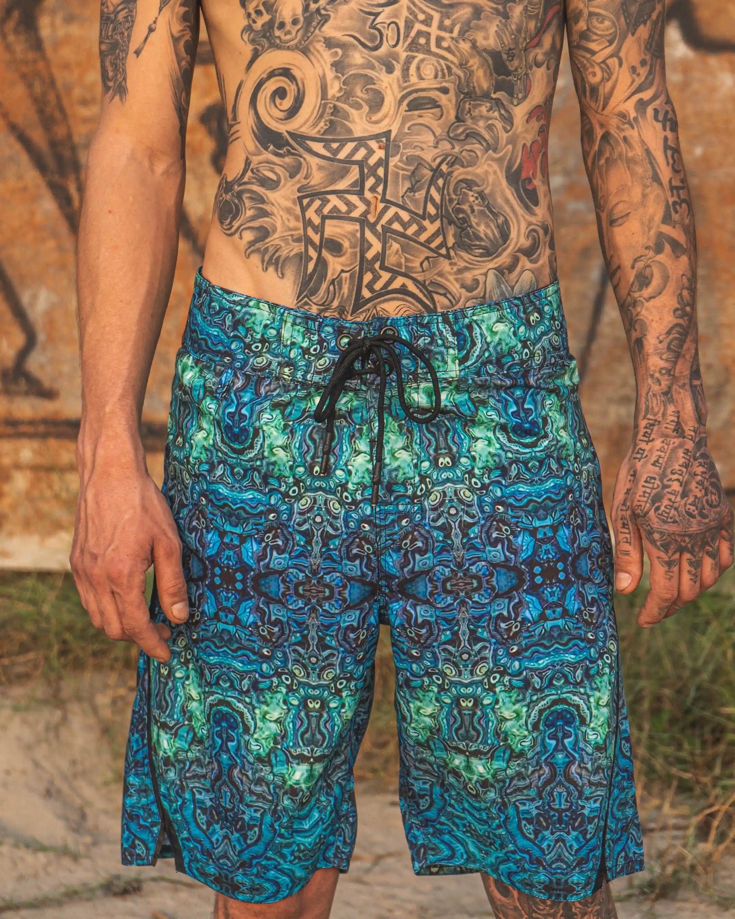 psychedelic printed swim shorts blue illusion front view