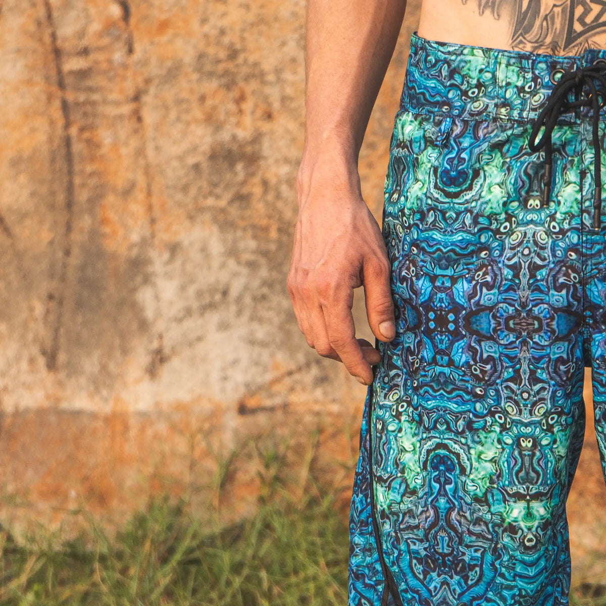 blue illusion swim shorts close-up pattern detail
