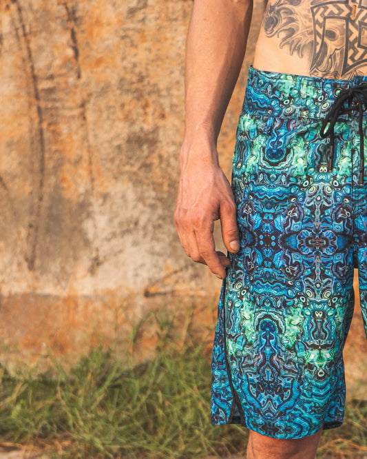 blue illusion swim shorts close-up pattern detail