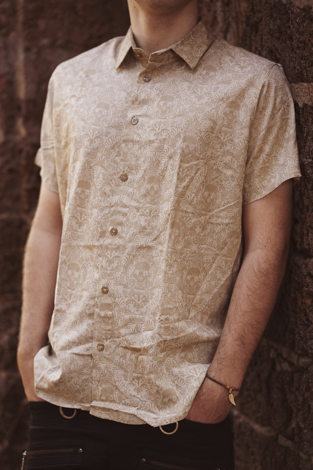 CANCUN SKULL -  Beige Metalhead Rocker Button-up Viscose Shirt for Men