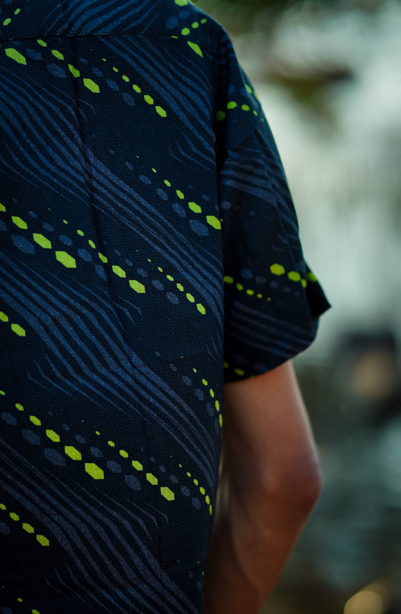 Close-up shot of short sleeve viscose button up shirt – Chakaruna design