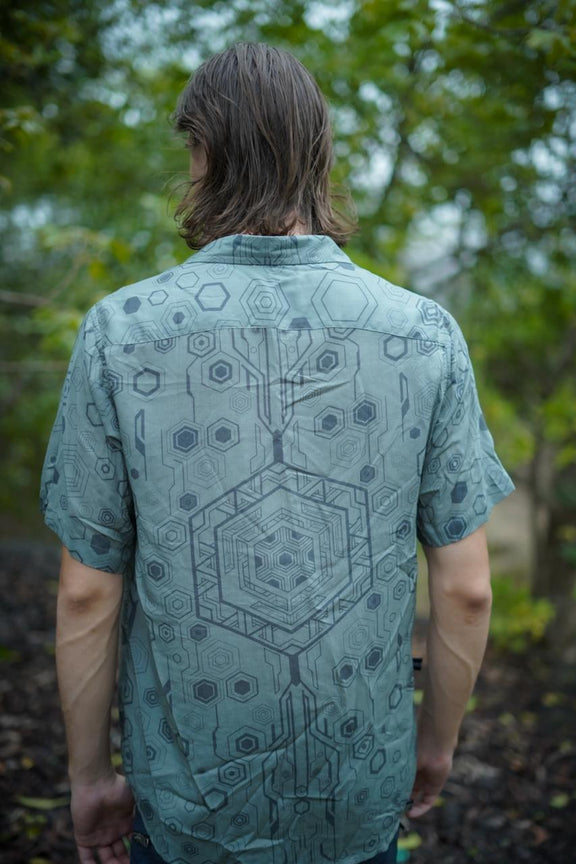bamboo fabric shirt for men back view with cyberhex geometric print