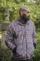 reversible festival jacket men front view psychedelic print hood down