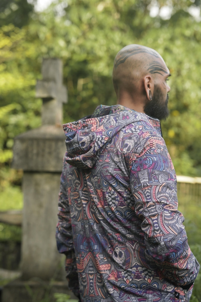 reversible festival jacket men back view hood design