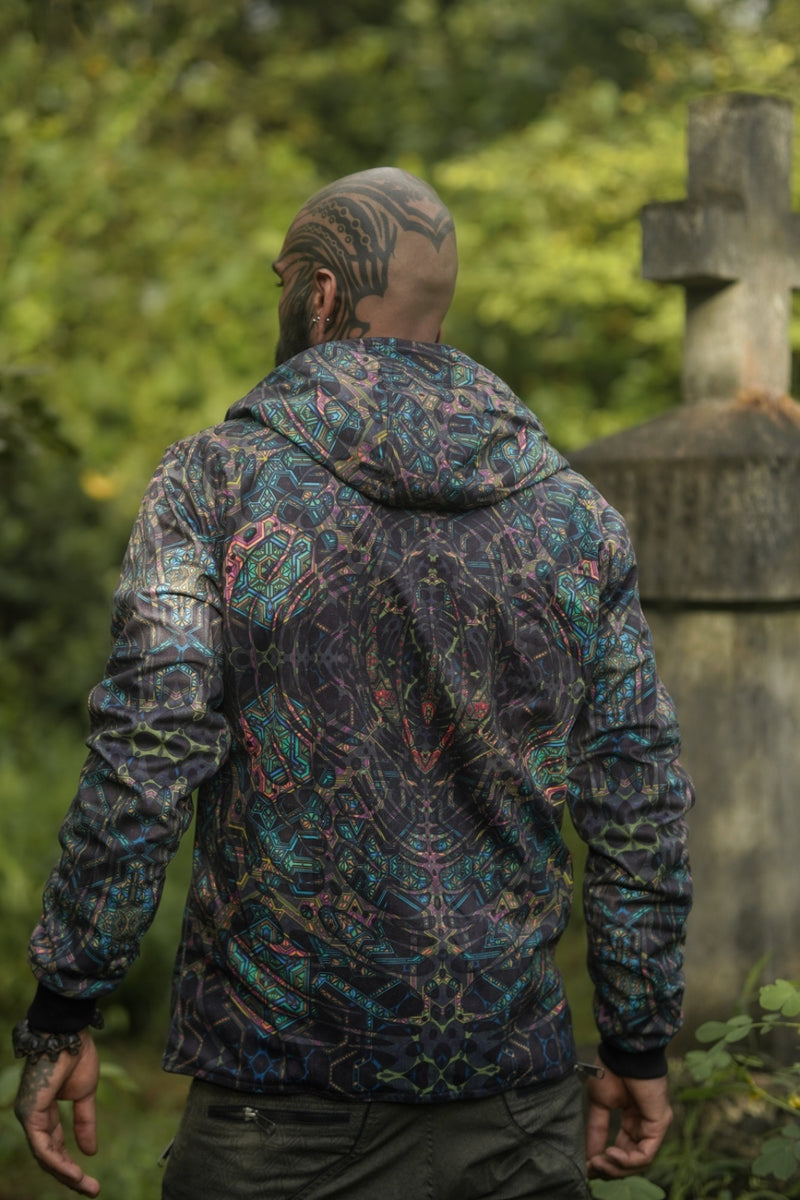 reversible festival jacket men back view dark pattern outdoor