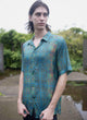 Men wearing bamboo lightweight summer shirt with blue geometric pattern